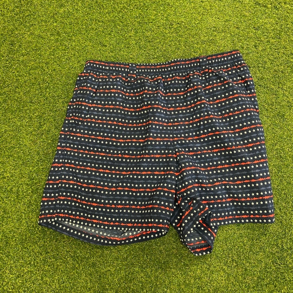 Columbia PFG Mens Swim Trunks Navy Blue Stars Fish Americana Shorts Medium 6 In